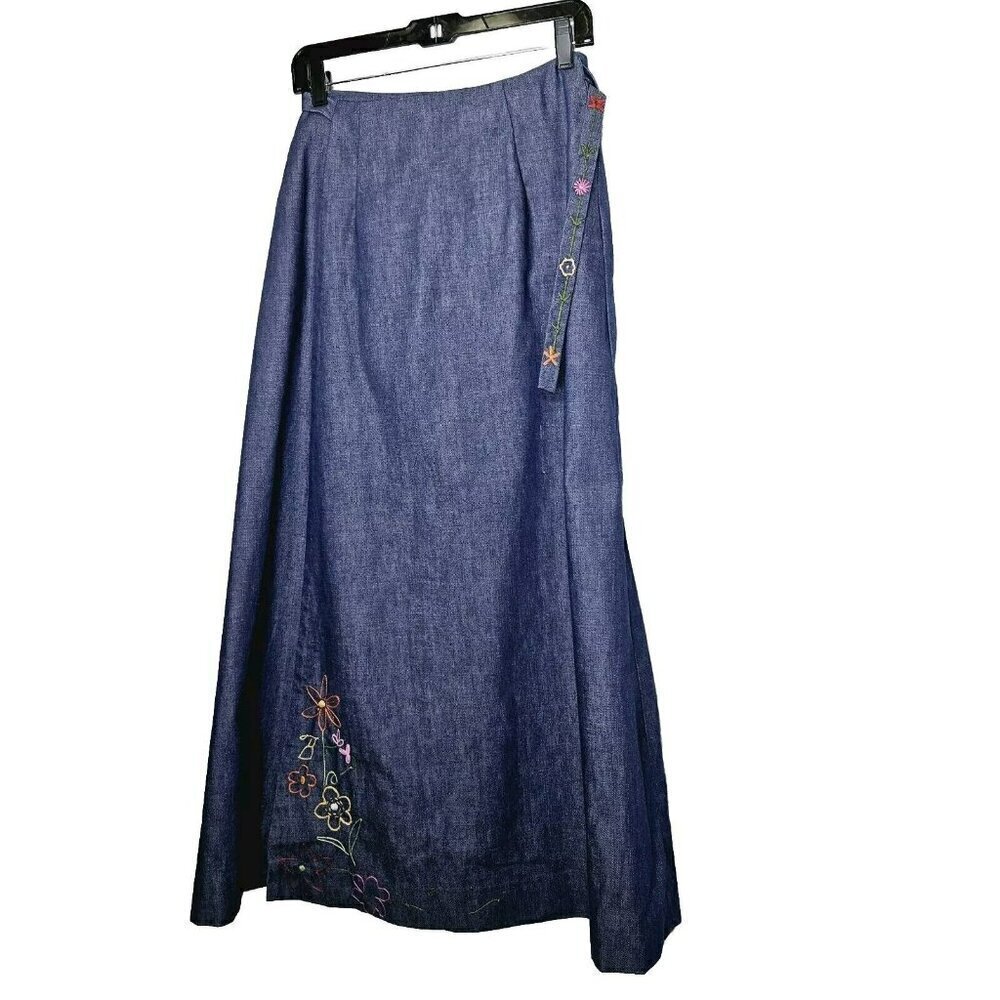 Unbranded‎ Wrap Denim Wrap Skirt Blue Hand Embroidered Artsy Size M No Size Tag